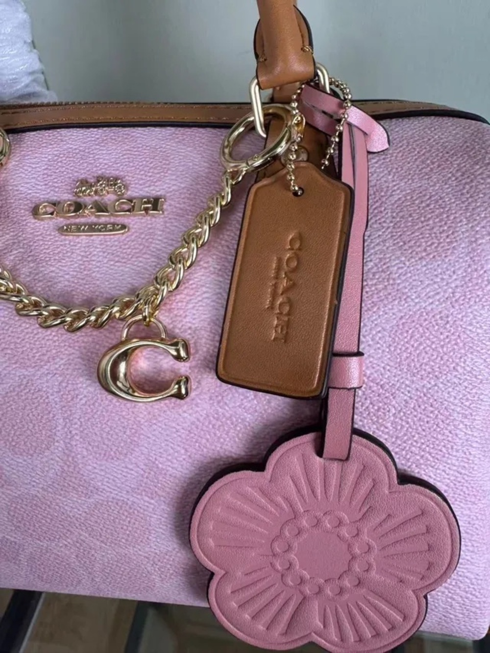 Coach Pink Signature Mini Satchel with Tan Trim and Floral Charm - Picture 3 of 5
